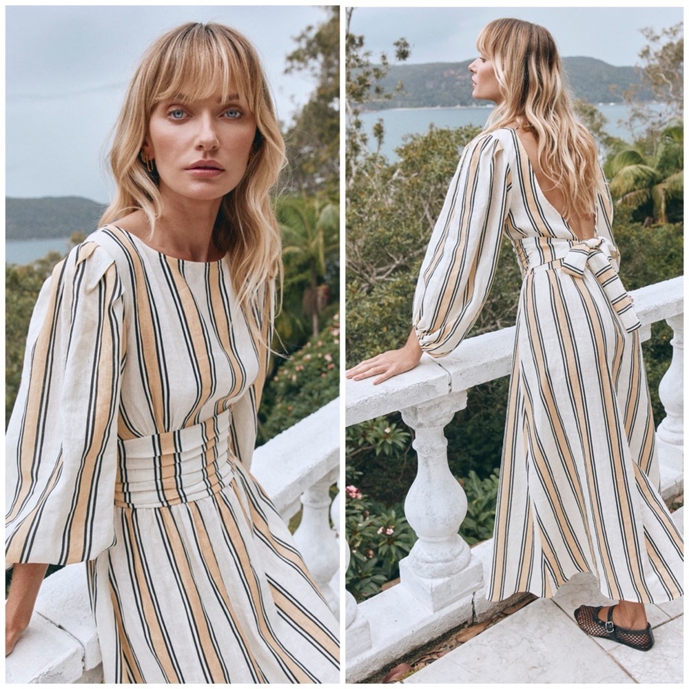 NWT VRG GRL Tularosa Linen Midi Dress Apricot Spritz Stripe Yellow/Black - Picture 10 of 16